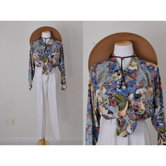 Vintage 90s Rayon Floral Botanical Print Blouse | size S - Picture 1 of 10